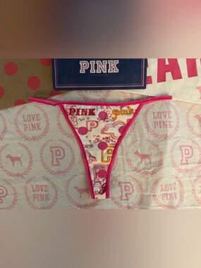 VS PINK VINTAGE Y2K COTTON LOW RISE STRING THONG PANTY WHITE ALL OVER LOGO RARE